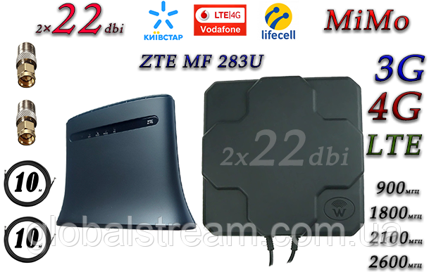 Повний комплект для 4G/LTE/3G з WiFi Роутер ZTE MF 283U Антена планшетна MIMO 2×22dbi (44 дб) 698-2690 МГц, фото 1