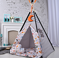 Палатка Вигвам Детская "Звери", Полный комплект 110х110х180см, серая - оранжевая