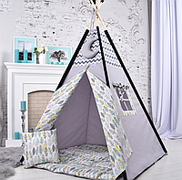 Палатка Вігвам для Дітей, з Пір'ям, Повний комплект, Подарунки - підвіска місяць та прапорці на палиці