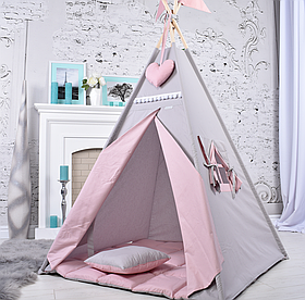 Палатка Вігвам для дівчинки Пудрово-сірий, Повний комплект, Підвіска сердечко та Прапорці на палиці - у подарунок NEW