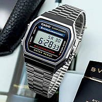 Наручные электронные часы с подсветкой мужские Casio A168WA-1W оригинал серебристые квадратные будильник