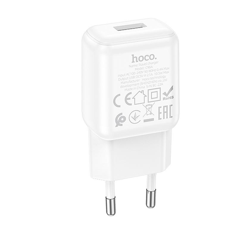 Адаптер сетевой Hoco single port charger C96A |1USB, 2.1A| белый, фото 1