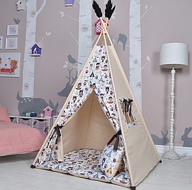 Палатка Вігвам Дитячий, з Індіанцями, Повний комплект, Бежевый, Підвіска місяць і Прапорці на палиці - В Подарунок NEW