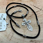 Срібний хрестик з шовковим шнурком зі срібними вставками срібло чорнене 925 проби комплект, фото 2