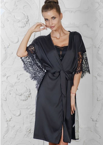 Изысканный шелковый халат с кружевом черный (ID#1879393355), цена: 1300 ...