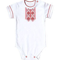 Нарядный бодик для мальчика с коротким рукавом, Боди вышиванка для детей с красным орнаментом, 3-6 месяцев