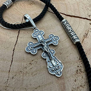 Красивий хрестик та шовковий шнурок зі срібними вставками Спаси и Сохрани 925 проба