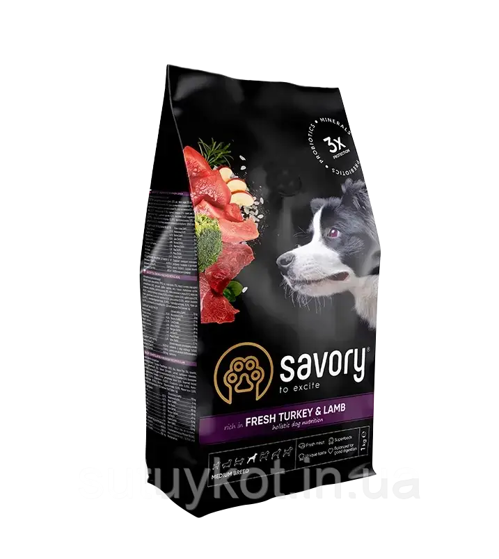 Savory (Сейворі) сухий корм для середніх порід собак з ягням та індичкою, 1 кг