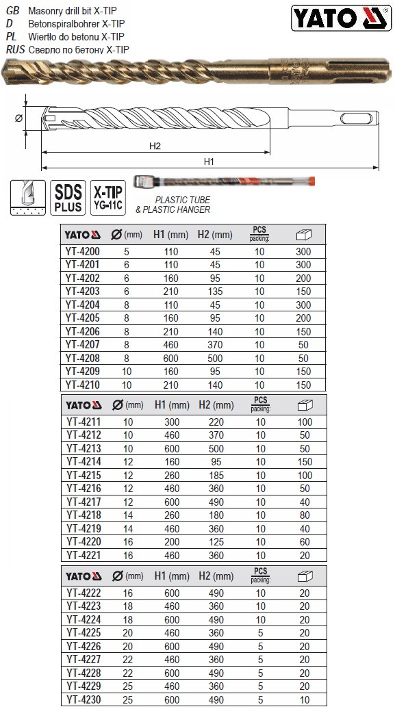 Бур SDS+ YATO свердло бетон Х-тип 5мм 110/45мм YT-4200