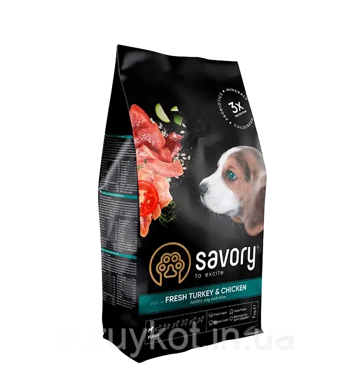 Savory (Сейворі) сухий корм для цуценят всіх порід з індичкою та куркою, 1 кг, фото 1