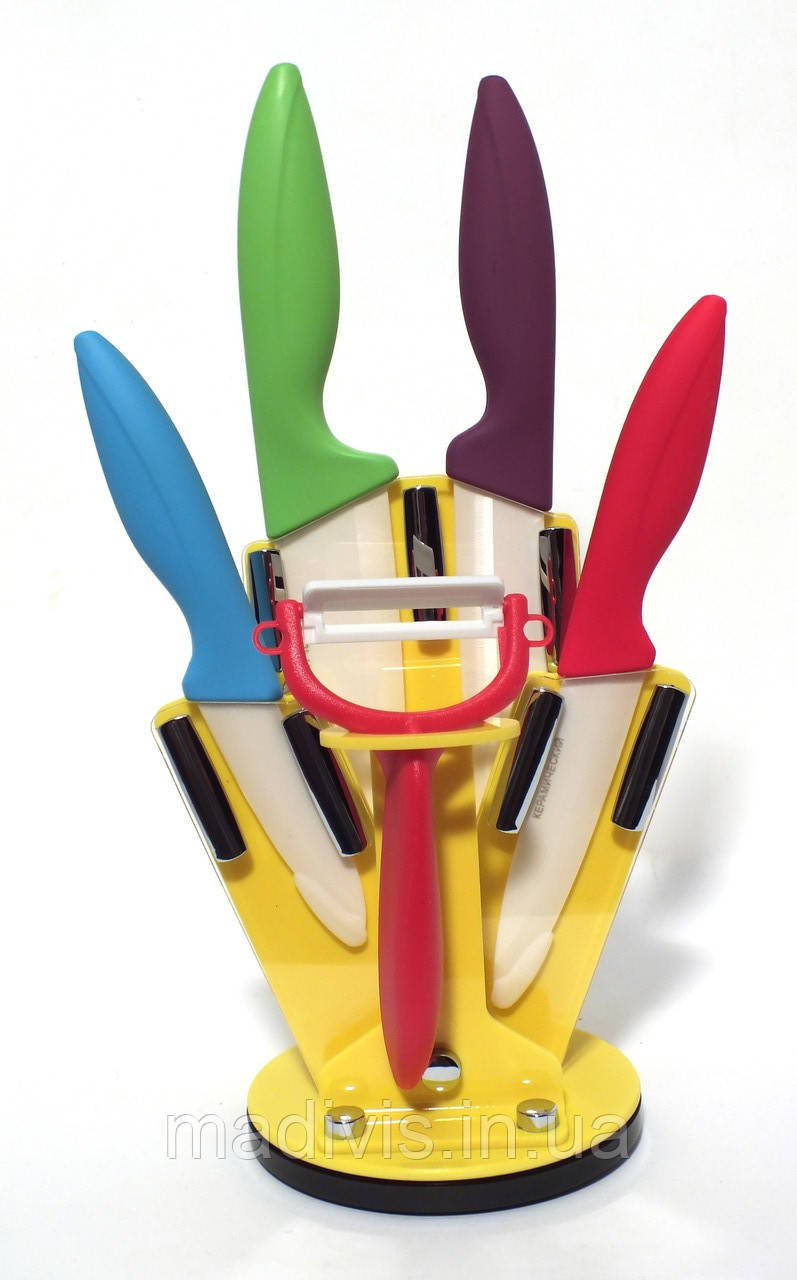 Набір кольорових керамічних ножів 5 в 1 на підставці, що обертається
