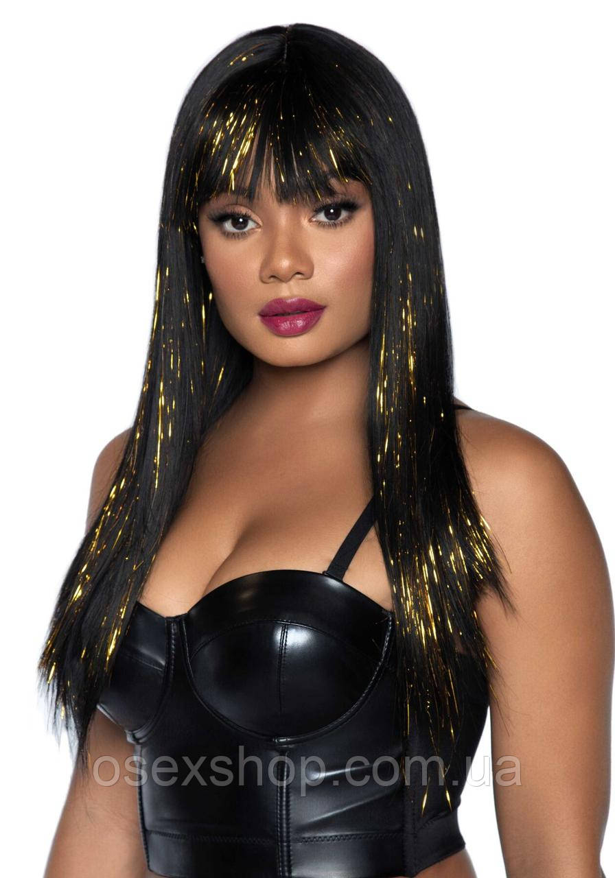 Чорна перука із золотими пасмами Leg Avenue Long bang wig with tinsel, 60 см, фото 1