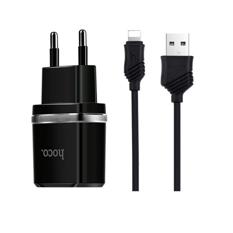 Адаптер сетевой Hoco Lightning cable C12 |2USB, 2.4А| черный, фото 1