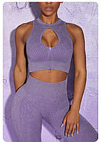 Спортивный костюм в рубчик лосины и топ на молнии фиолетового цвета, размер S