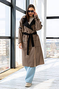 Плащ тренч жіночий котоновий з комбінованої тканини з відкладним коміром з джинсу капучино