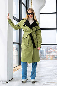 Плащ тренч жіночий котоновий з комбінованої тканини з відкладним коміром з джинсу оливковий