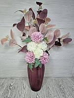 Букет искусственных цветов из хризантем и эвкалиптовых веток розово-бордовая 52 см