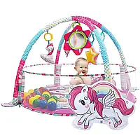 Игровой коврик манеж для младенцев 3в1 с дугами и погремушками подушкой Единорог шарики Baby Blanket Розовый