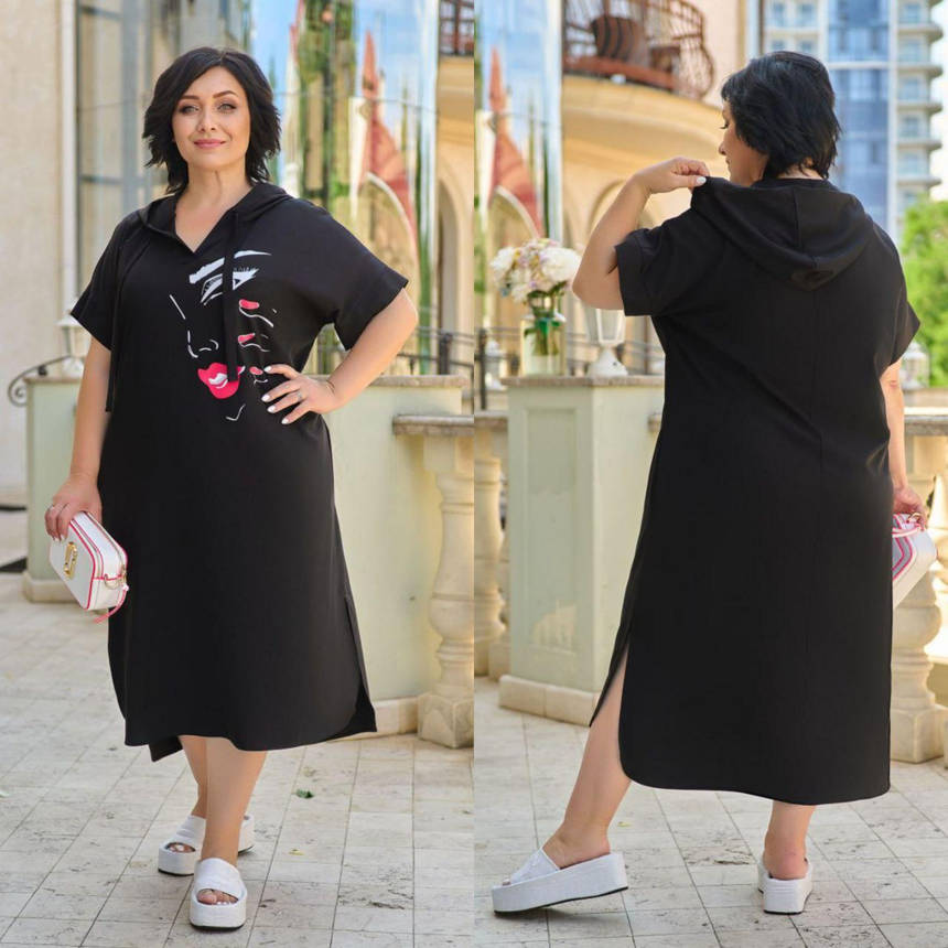 Повсякденне батальне жіноче плаття міді вільного крою чорне з капюшоном (6 кольорів) ЮР/-032463, фото 2