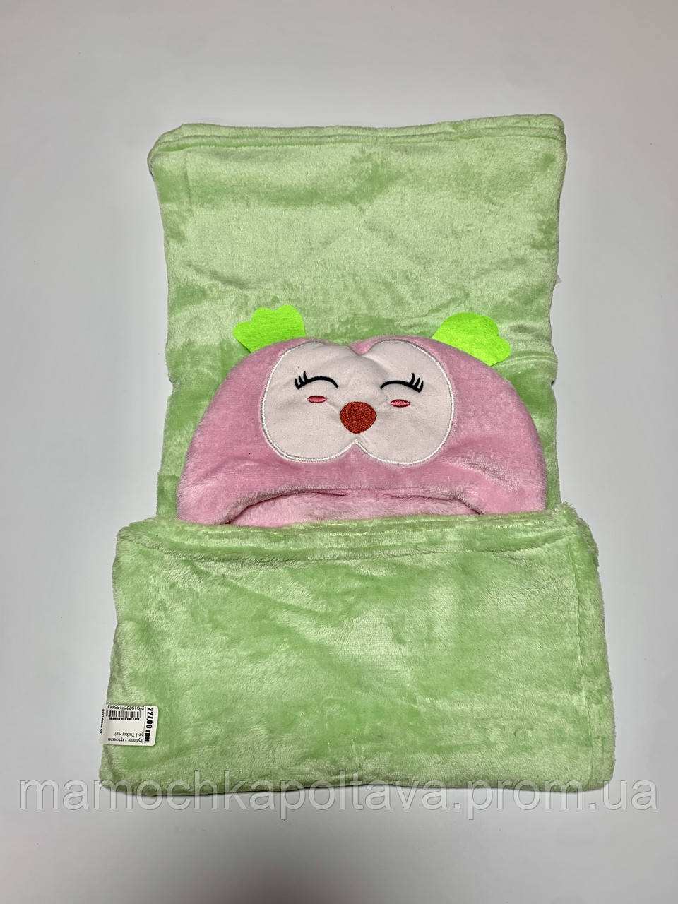 Дитячий плюшевий рушник із куточком, салатний колір, 90/90 см