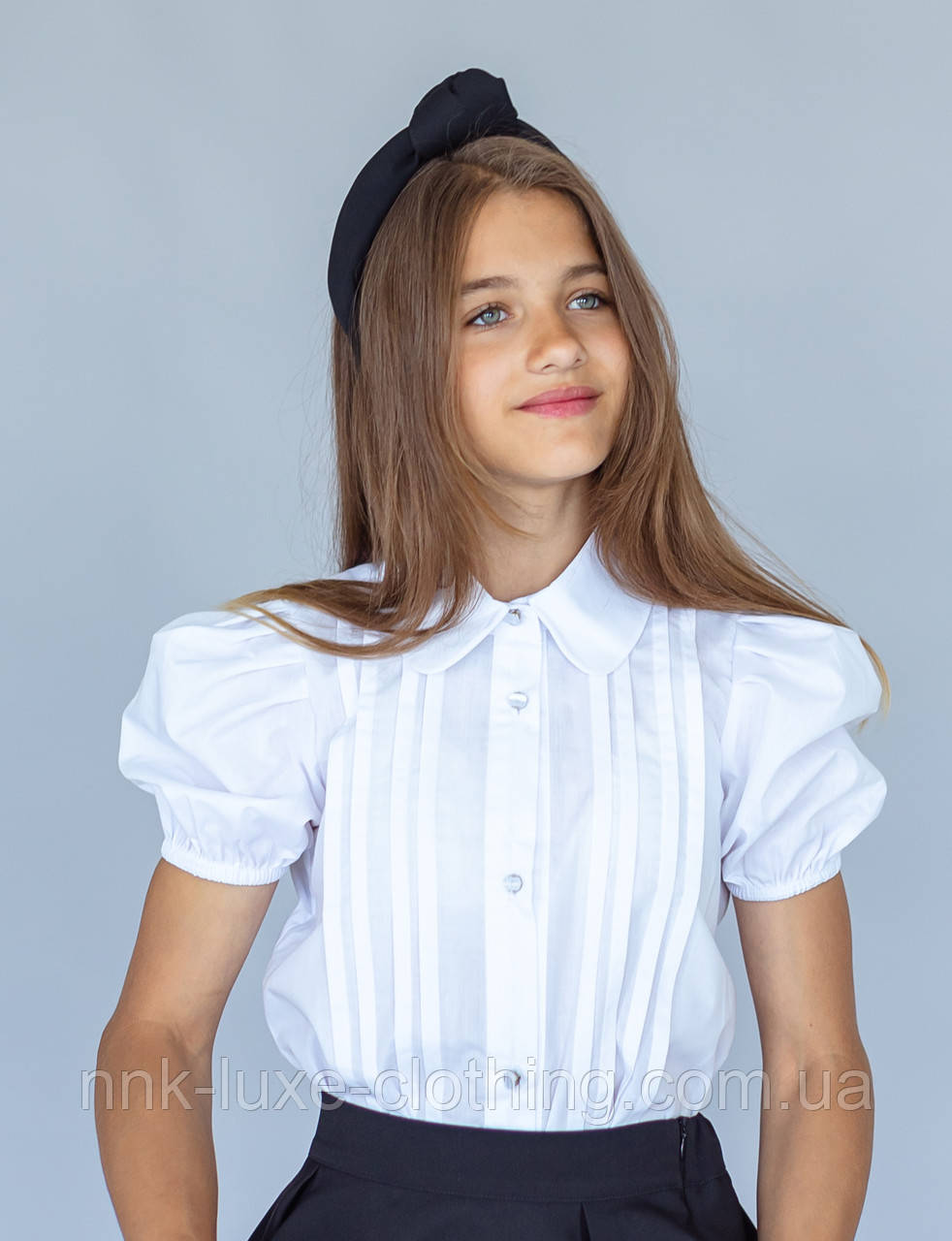 Сорочка блуза дитяча підліткова бавовняна ошатна з коротким рукавом - ліхтариком, для дівчинки, Біла