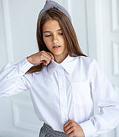 Рубашка детская хлопковая, подростковая, классическая, с накладным карманом, для девочки, Белая, 110-164