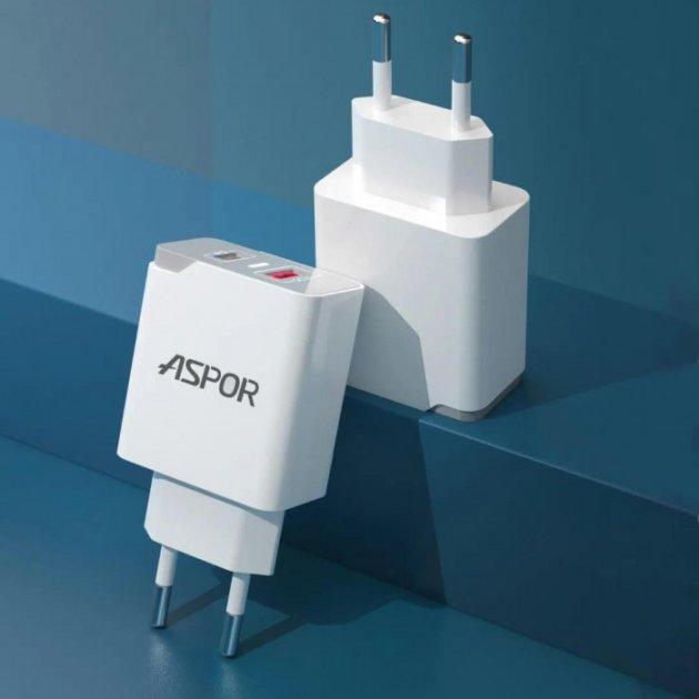 Мережевий зарядний пристрій Aspor A826 PD (USB/USB-C/3A/20W) + кабель Type-C - Lightning- білий, фото 1