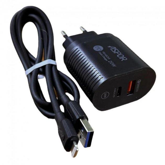 Мережевий зарядний пристрій Aspor PD002 Premium Series (USB-C/USB QC 3.0/PD 20W) + USB кабель Type-C-чорний