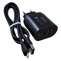Мережевий зарядний пристрій Aspor PD002 Premium Series (USB-C/USB QC 3.0/PD 20W) + USB кабель Lightning-чорний