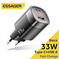 Зарядное устройство для Essager 33W GaN III PD с быстрой зарядкой и дисплеем QC 3.0 USB+Type-C Black + Кабель у подарунок