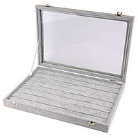 Планшет кейс горизонтальный под стеклом для колец и украшений 7 дорожек с замками серый велюр размер 35Х25Х5см