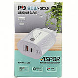 Мережевий зарядний пристрій Aspor PD002 Premium Series (USB-C/USB QC 3.0/PD 20W) + USB кабель Type-C-чорний, фото 2