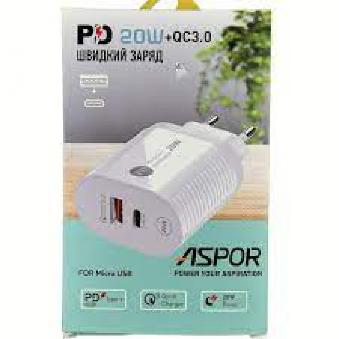 Мережевий зарядний пристрій Aspor PD002 Premium Series (USB-C/USB QC 3.0/PD 20W) + USB кабель Micro-чорний