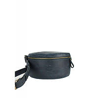 Кожаная поясная сумка темно-синяя винтажная Удобная сумка бананка из натуральной кожи Сумка поясная унисекс