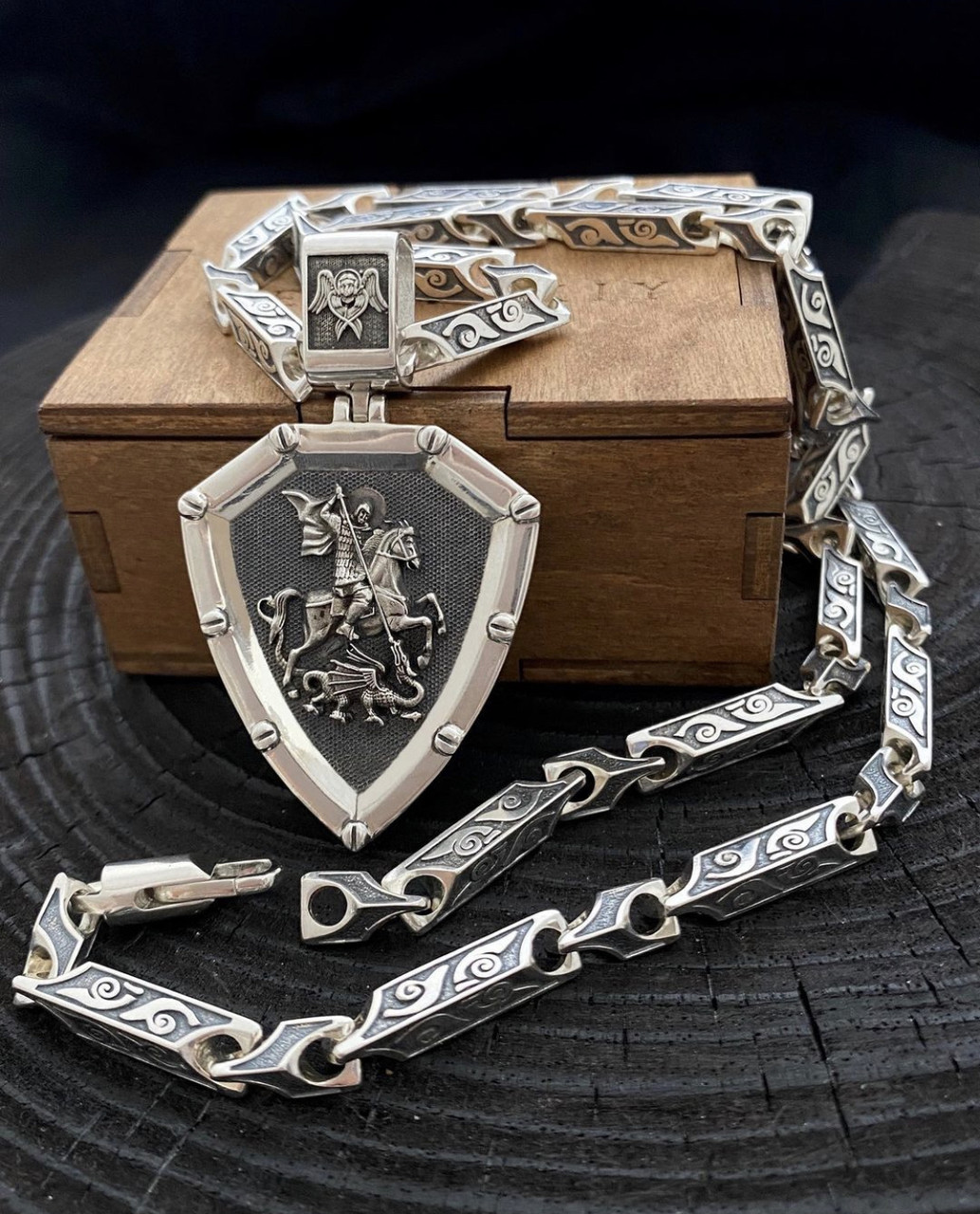 Срібна 925 ланцюжок із підвіскою Щит Георгій Переможець із чорінням, фото 1