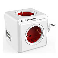 Сетевой разветвитель Allocacoc PowerCube Original з заземленням 4 розетки 2 USB, цвет красный