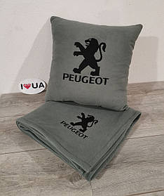 Автомобільний плед і подушка з вишивкою логотипа "PEUGEOT" колір сірий, подушка 40*40 см