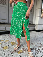 Женская юбка миди длинная с разрезом S M L (42 44 46) высокая талия зеленая в горошек