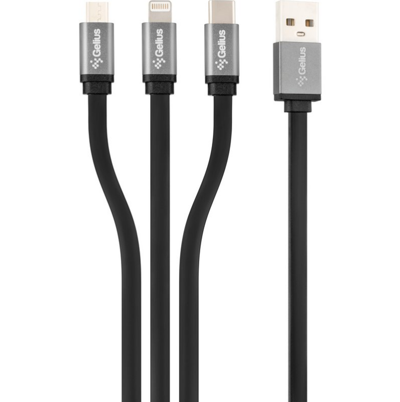 Кабель USB Gelius Squid GP-UC102 3in1 MicroUSB/Lightning/Type-C (1м) (12W) Black