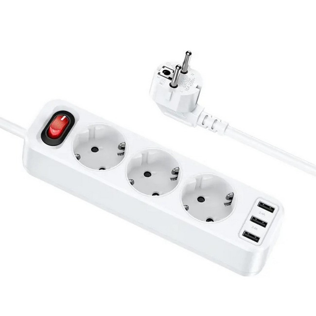Подовжувач мережевий 1.8 метра 3 розетки + 3USB + QC HOCO NS2 3-position extension White, фото 1