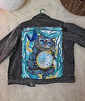 Джинсова куртка жіноча з ручним розписом «Чеширський кіт"