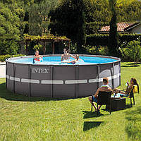 Круглый семейный каркасный бассейн Intex 26334 с фильтр-насосом лестницей и тентом (610 x 122 см) + подарок bs