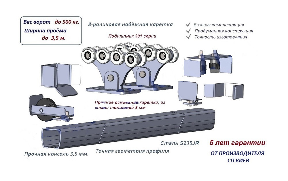 Комплект фурнітури для відкатних воріт SP-6 STANDART, вага воріт до 500 кг, консоль 60х70 - 6 м.