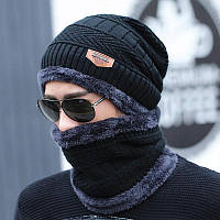 Комплект шапка+хомут чорного кольору для чоловіків , тепла шапка з хомутом на зиму Код:MS05