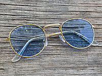 Солнцезащитные очки круглые золотые с голубой линзой (женские, мужские) Код:MS05