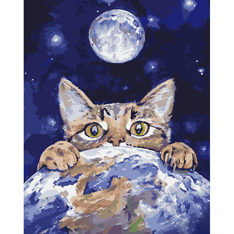 Картина за номерами Strateg ПРЕМІУМ Котик в космосі з лаком розміром 40х50 см (GS876)