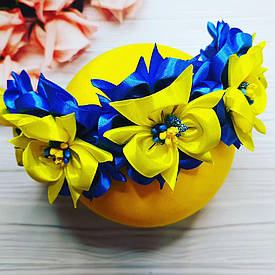 Вінок ободок для волосся в українському стилі (бантик жовто-синій під вишиванку, обруч ручної роботи шкільний на голову)