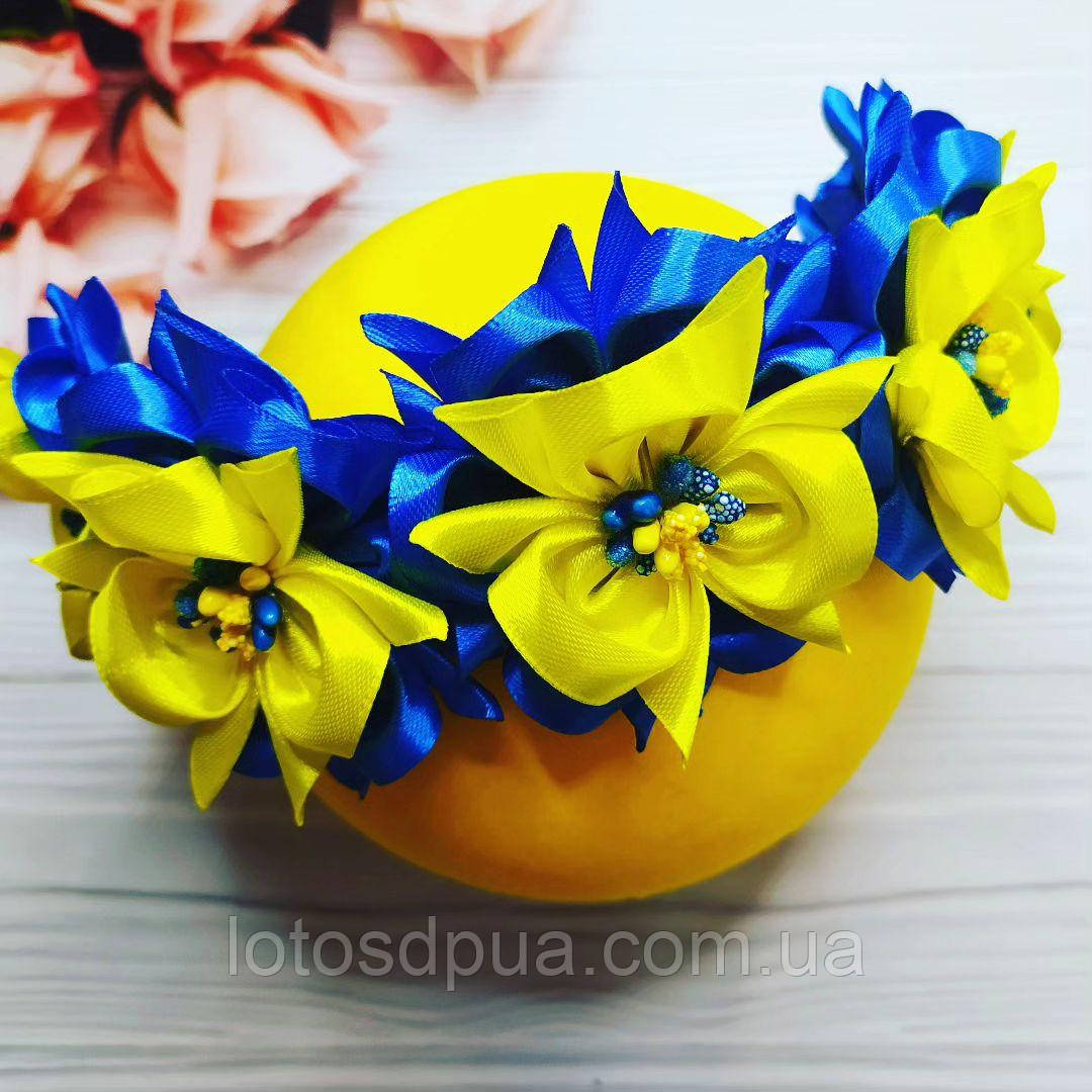 Вінок обідок для волосся в українському стилі (бантик жовто-синій під вишиванку, обруч ручної роботи на голову)