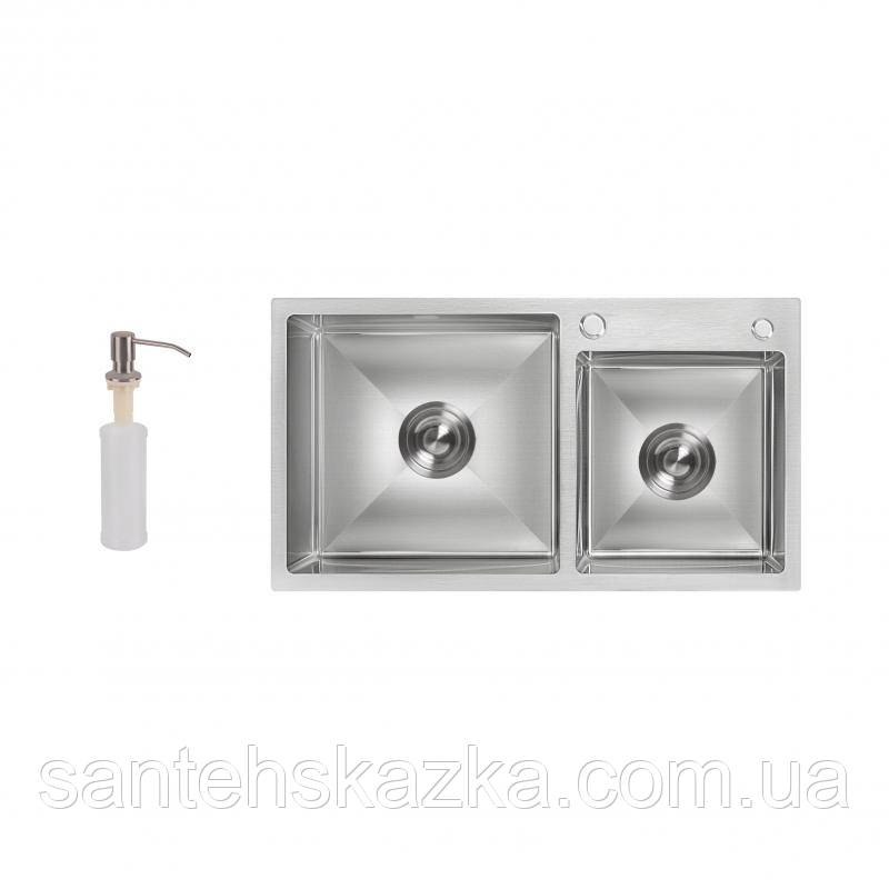 Кухонна мийка з двома чашами Lidz H7843 3.0/1.0 мм Brush (LIDZH7843BRU3010), фото 1