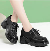 Женские туфли на платформе из натуральной кожи большой размер (по стельке 26,5) черные